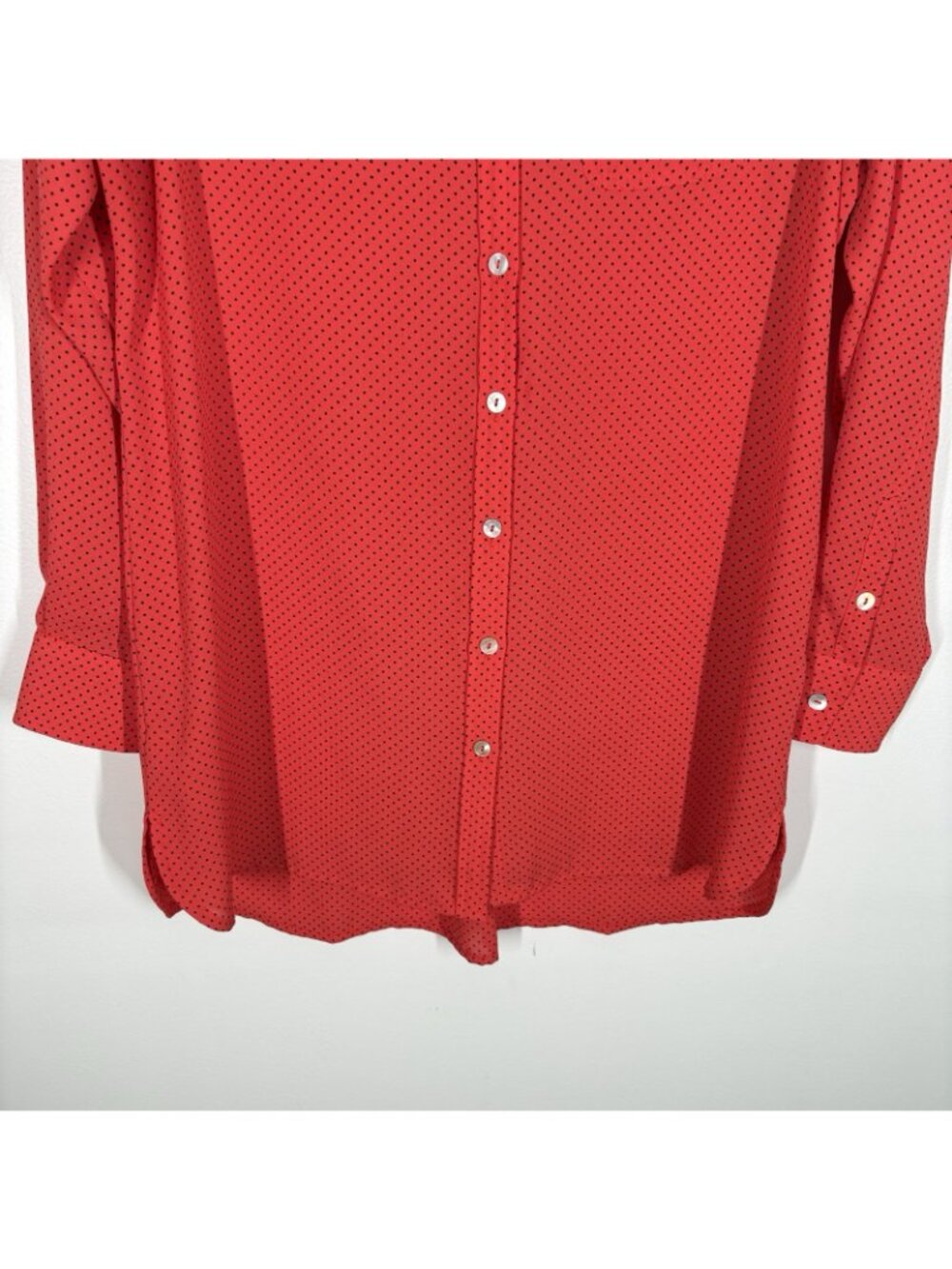 Foxcroft Women SZ 8 Red Black Polka Dot Long Sleeve Button Up Blouse - Picture 2 of 12